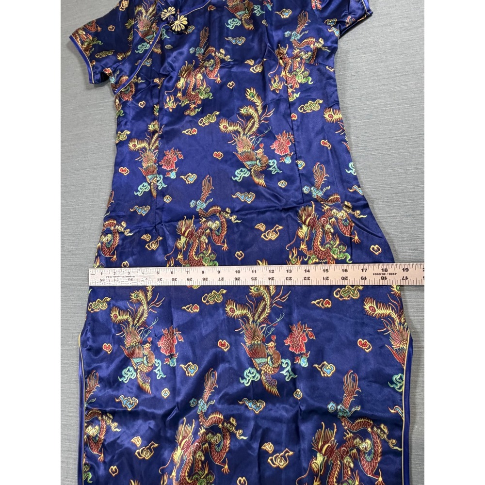 Hong Shang Jia Blue Dragon Phoenix Satin Cheongsam Qipao Maxi Dress XL - Picture 5 of 9